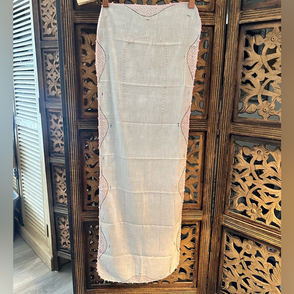 Vintage Handmade Pink Dots Embroidered Dresser Scarf /Table Runner.